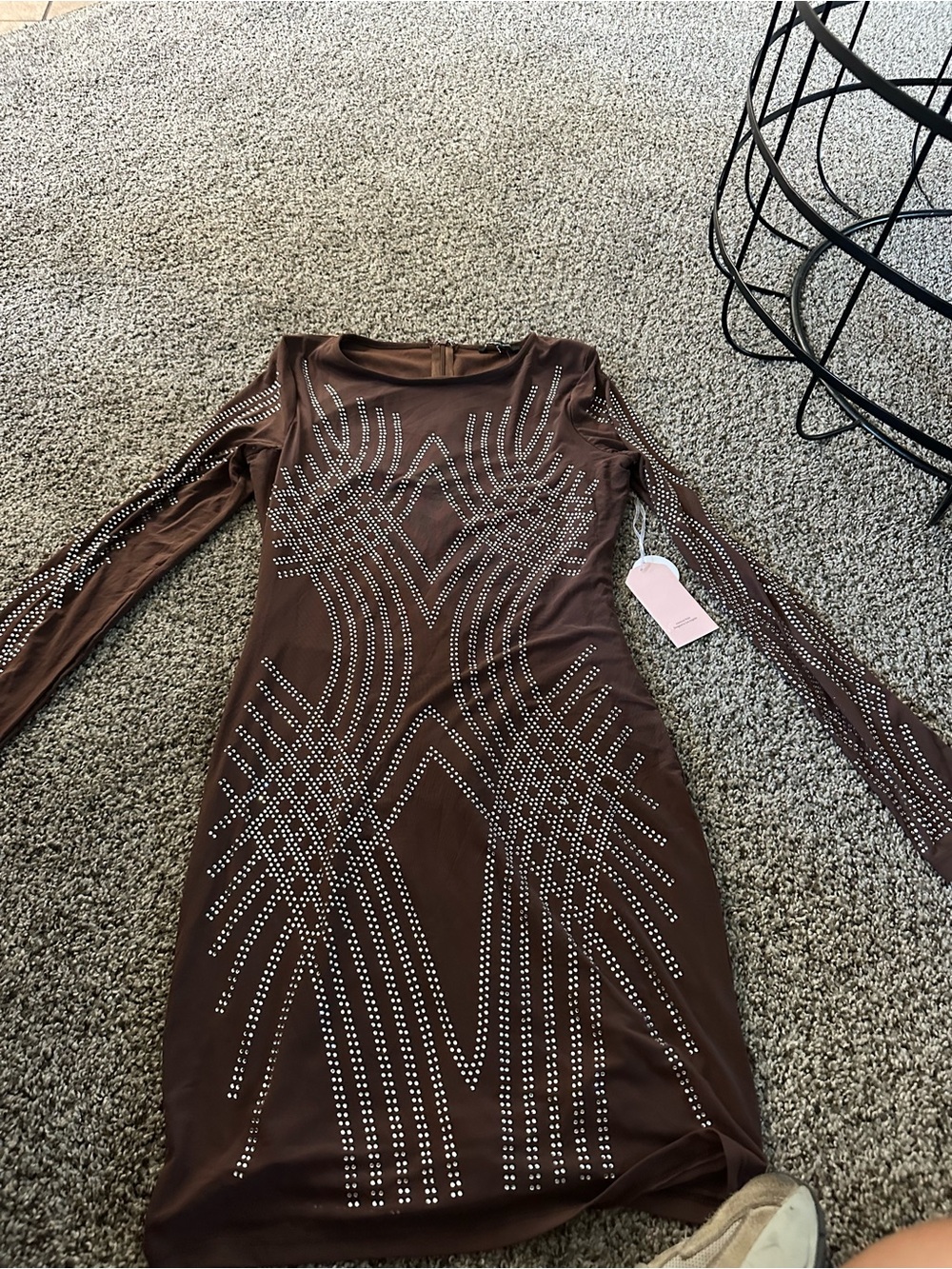 Blush Brown Long-Sleeve Studded Bodycon Dress